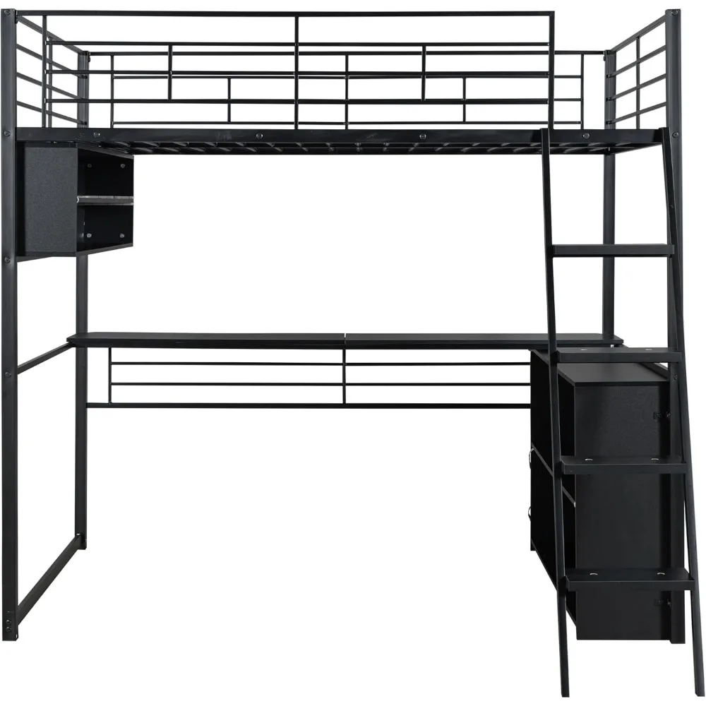 Full Metal Loft Bed with Desk and LED Lights, Full Size Loft Bed with L Shaped Desk & Storage Shelves for Teens Adults Black