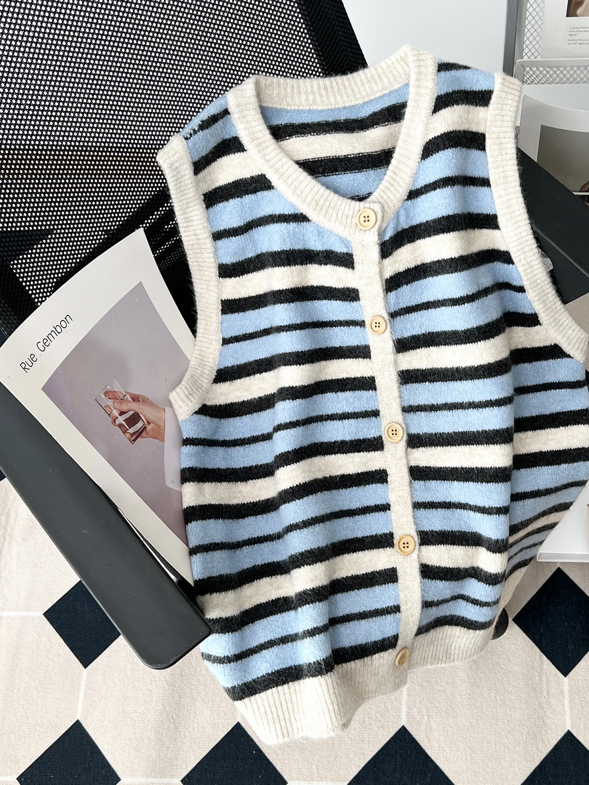 

Свободный крой, вязаный жилет, топ, женский полосатый свитер больших размеров, винтажный длинный свек с принтом, круглый Ne