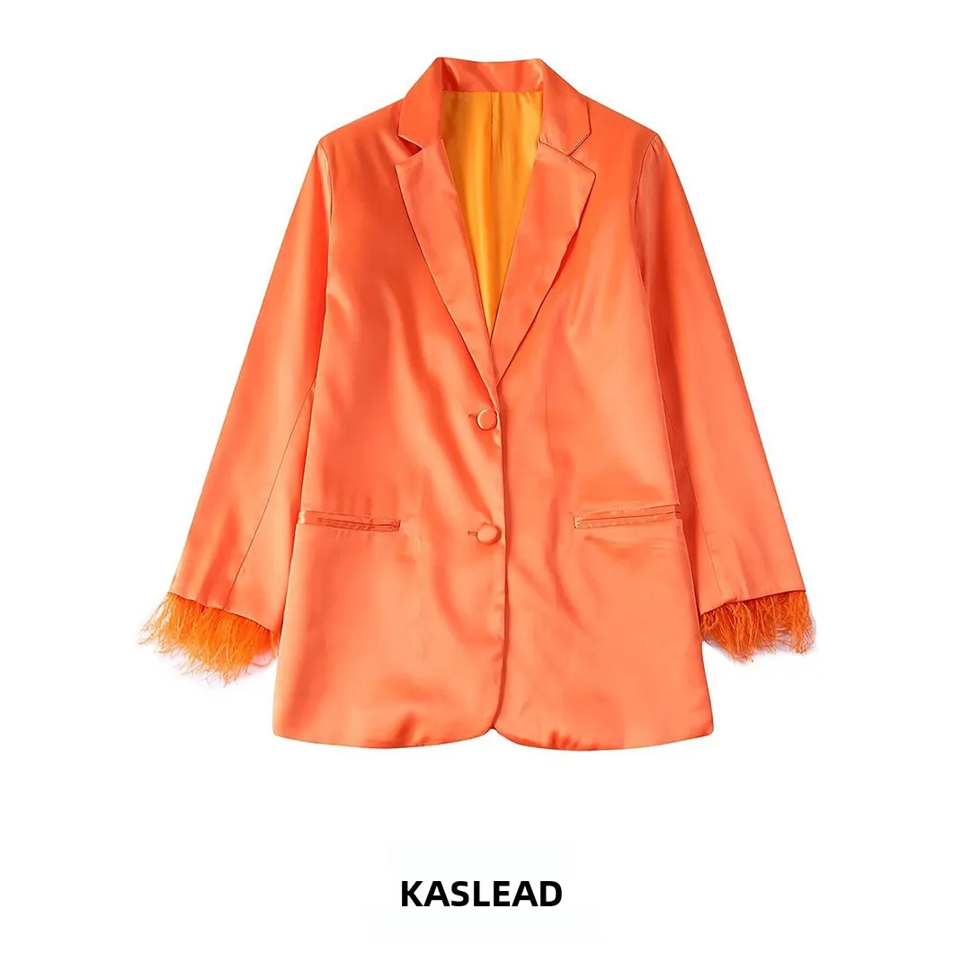 KASLEAD New Women's Fashion Versatile High-End Feathers Suit Jacket European Style Long Sleeve Polyester Fiber Button Closure