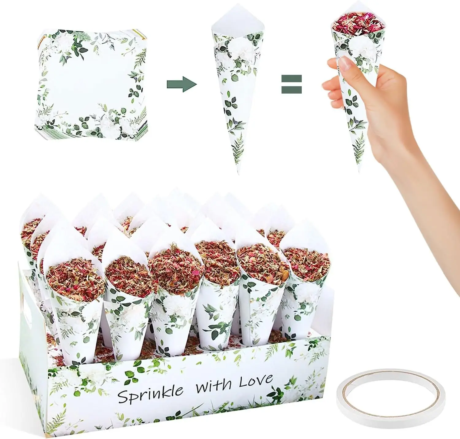 SET 30 Sheets Wedding Paper Cones 1 Pack 30 Holes Flower Confetti 1 Double Sided Tape for Confetti Candy Petals