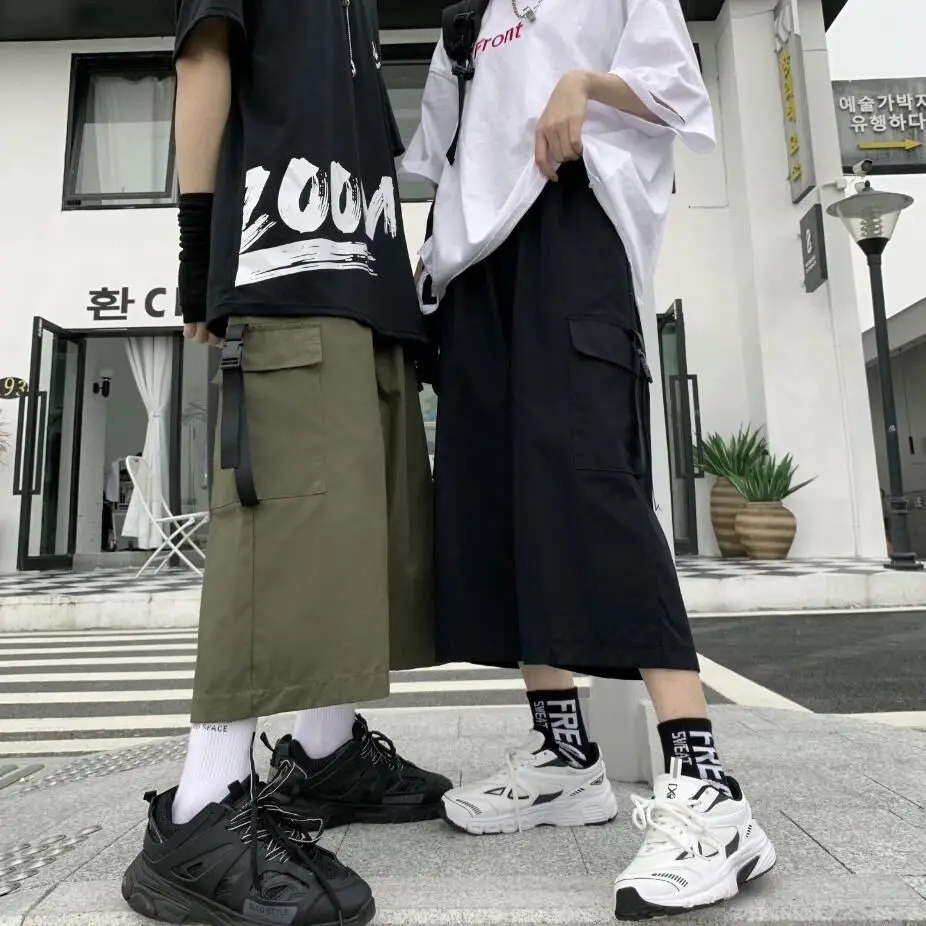 

Unisex Y2K Capris Men Pants Summer Straight Chic Cargo Ribbon Trousers Basics Jazz Motor Biker Streetwear Male Oversize Pants