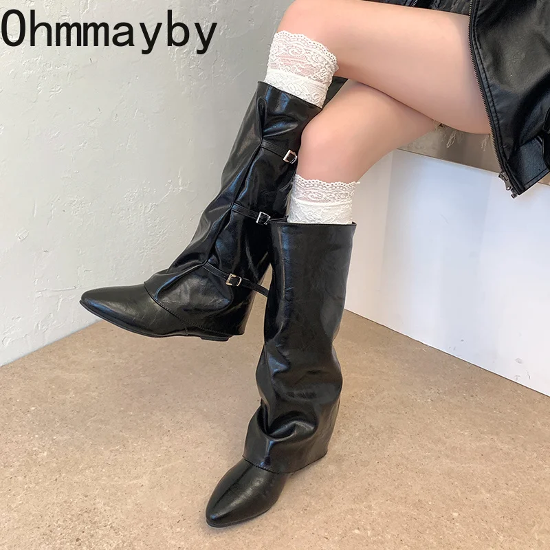 Women Leather Knee High Boots Pointed Toe Multi Buckle Strap Decor Hidden Wedge Heel Autumn Winter Ladies Mordern Long Booties