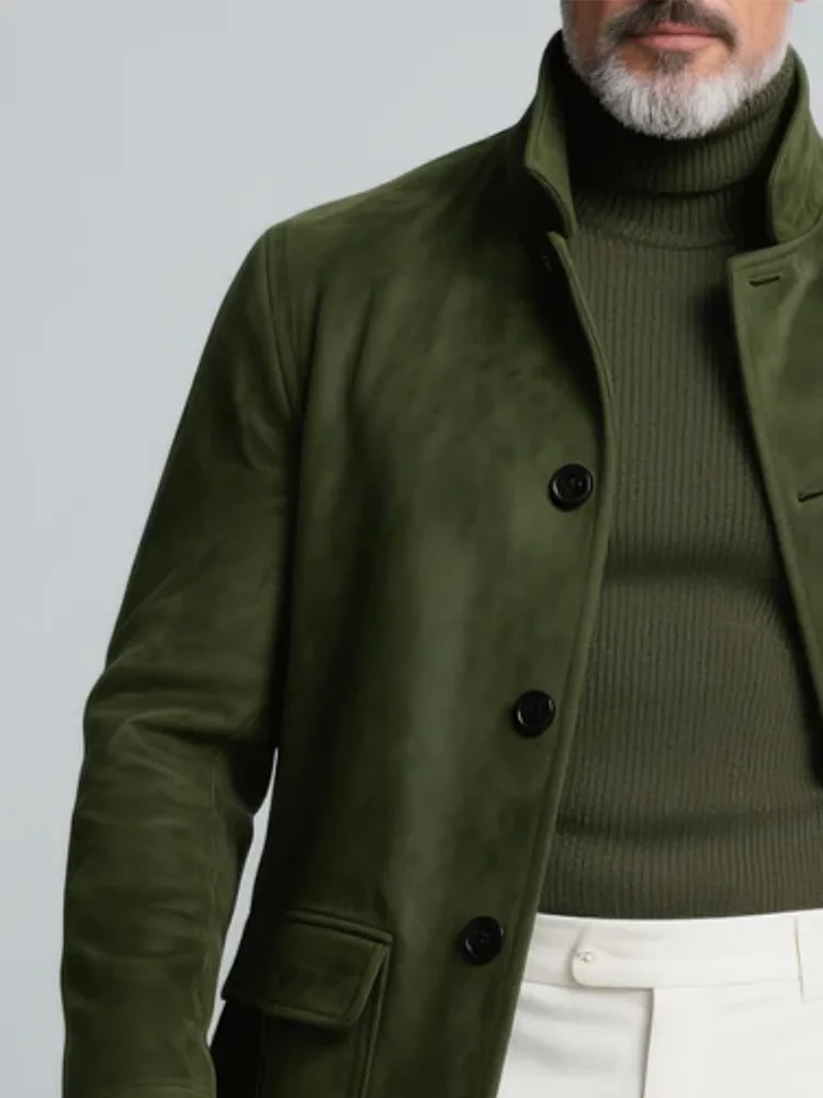 

Suede Trench Coat for Men Casual Loose Fit Long Sleeve Single Breasted Lapel Wool Blend Autumn Winter Solid Color Jacket