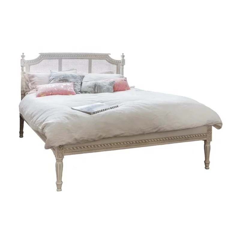 Modern French Solid Wood Rattan Bed Hand Carved Bedroom Furniture with Elegant Detail Bed Frame