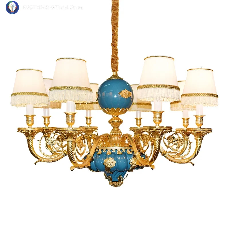 European Style Full Copper Fabric Shade Chandelier Bedroom Study Living Room Hotel Aisle Decorative Pendent Light