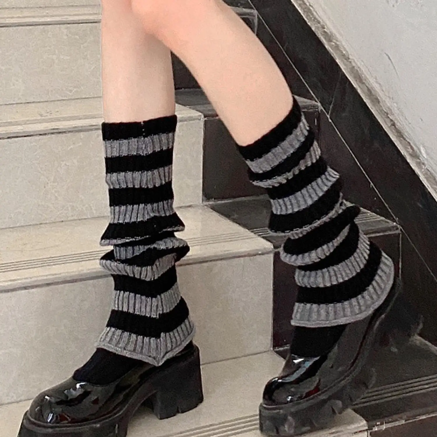 Autumn Winter JK Girls College Foot Cover Warm Pile Socks Boot Cover Black White Striped Knitted Leg Warmers Women