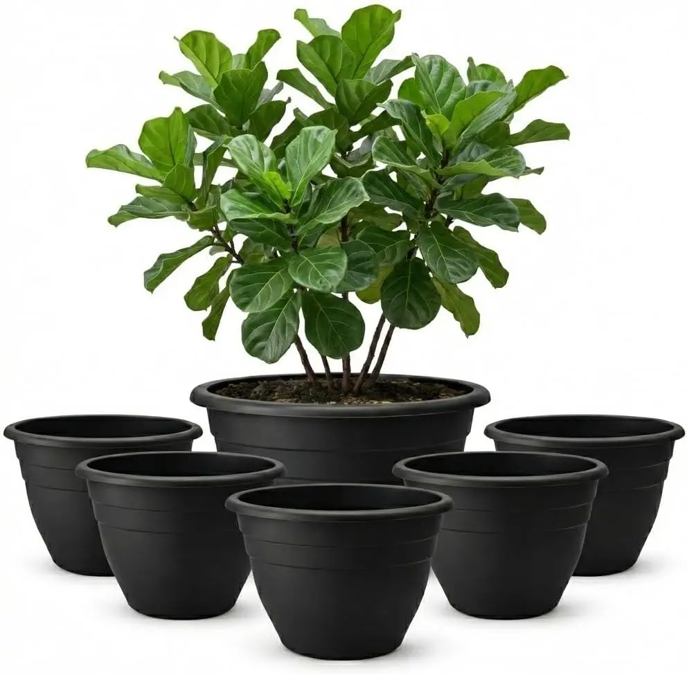 RooTrimmer 6 Pack 20 Inch Large Plant Pots Outdoor,Heavy Duty Plastic Planters with Drainage Holes,Lightweight Black Flower Pots
