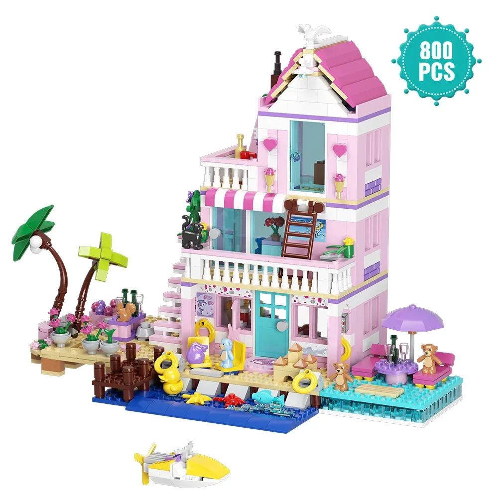 812pcs Girls Seaside Beach Vacation Villa Building Sets Creative Dream House Building Blocks Kit Educational Toys for Kids