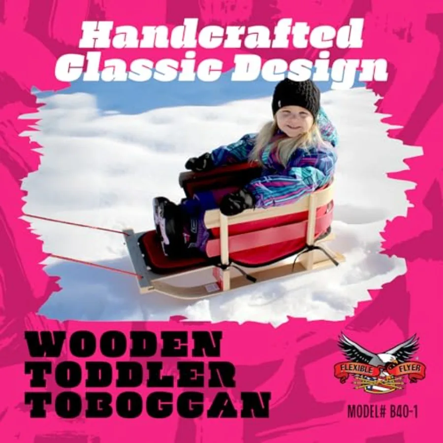 زلاجات ثلجية مرنة للأطفال الصغار - مزلقة سحب خشبية كلاسيكية لعمر 18 شهرًا إلى 4 سنوات، حبل سحب عالي الظهر