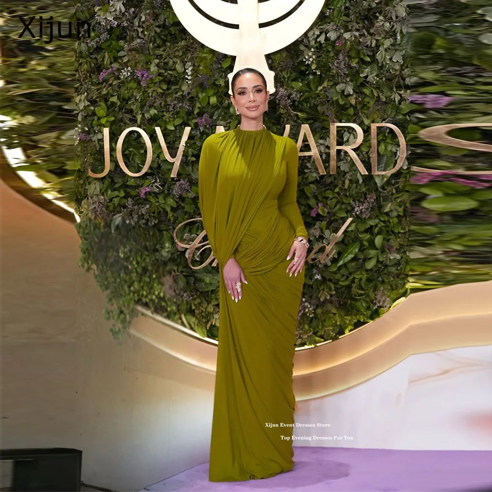 Xijun Luxury Olive Green Evening Dresses Pleated Elastic Crepe Long Formal Prom Dresses Full Sleeves Dubai Prom Gowns Customized