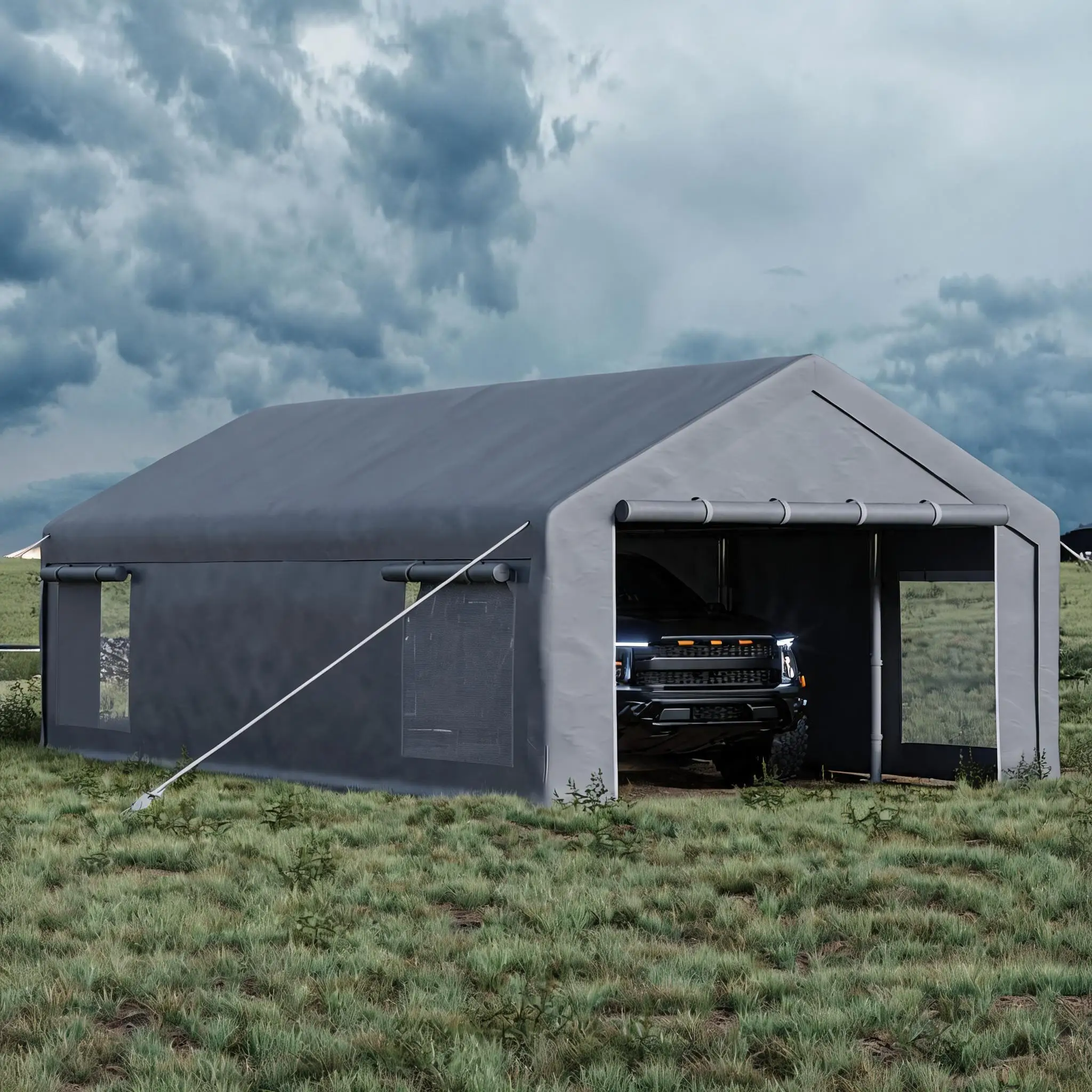 Metal Carport 13x25 ft Heavy Duty Carport Shelter with 10 Sandbags 220g PE Tarp 2 Roll Up Doors 4 Windows Outdoor Vehicle Storage Garage for Full Size Pickups Bass Boats Tractors SUVs Shade Shelter Protection