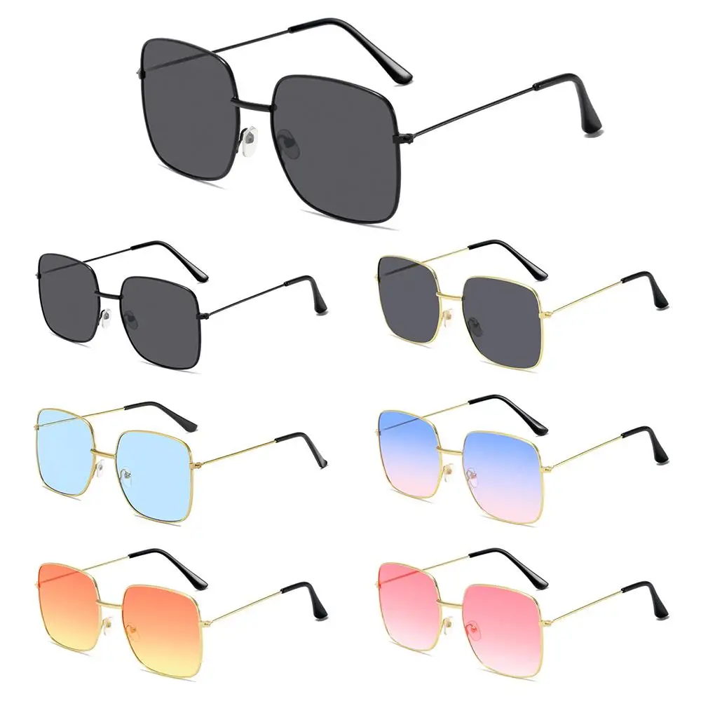 Vintage Versatile Metal Square Sunglasses Large Frame Korean Style Ocean Lens Shades Pink Hippie Glasses for Women & Men