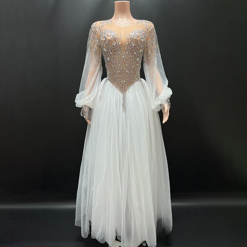 

2025 Niche Light Luxury Shining Rhinestone Princess Mesh Tutu Skirt Vocal Art Test Performance Clothes Birthday High-end Dress