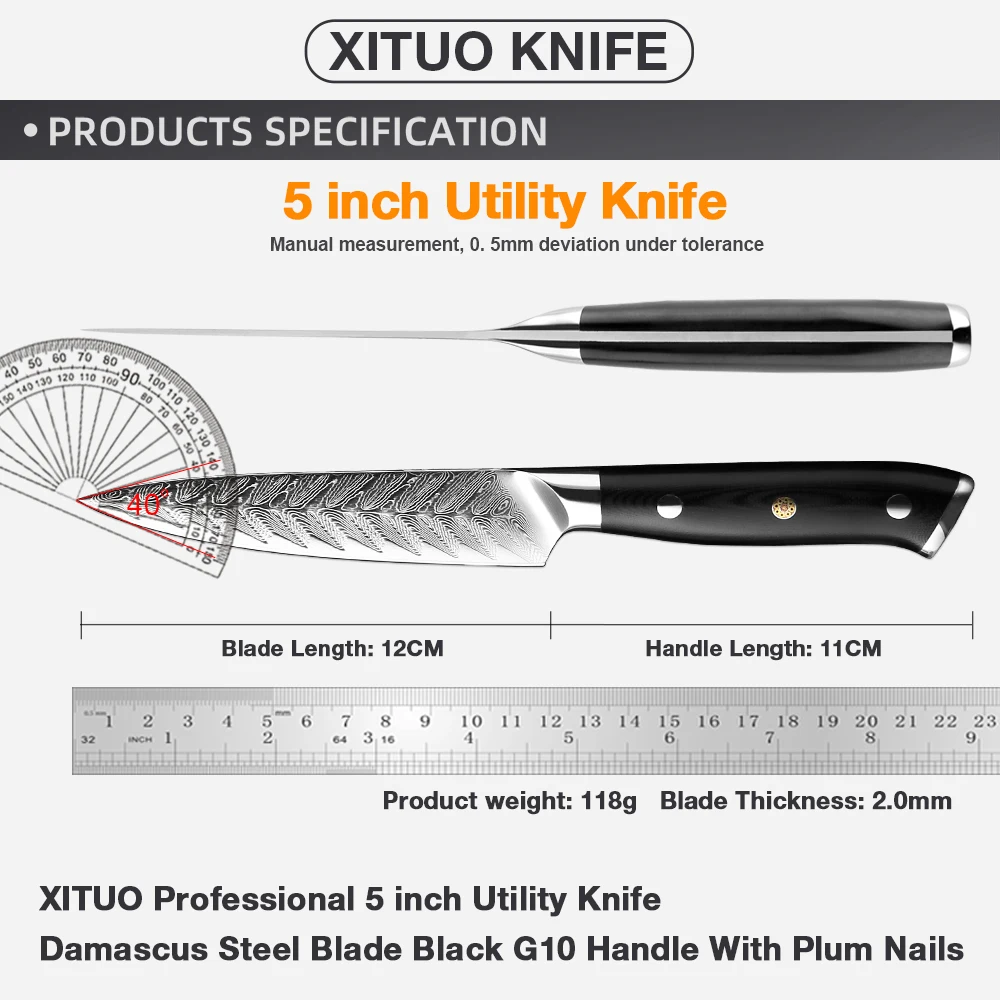 XITUO Utility Knife 5 Inch Damascus Steel Kitchen Knife Black G10 Handle Paring & Peeling Knive,Fruit Knife,Multi Steak Knife