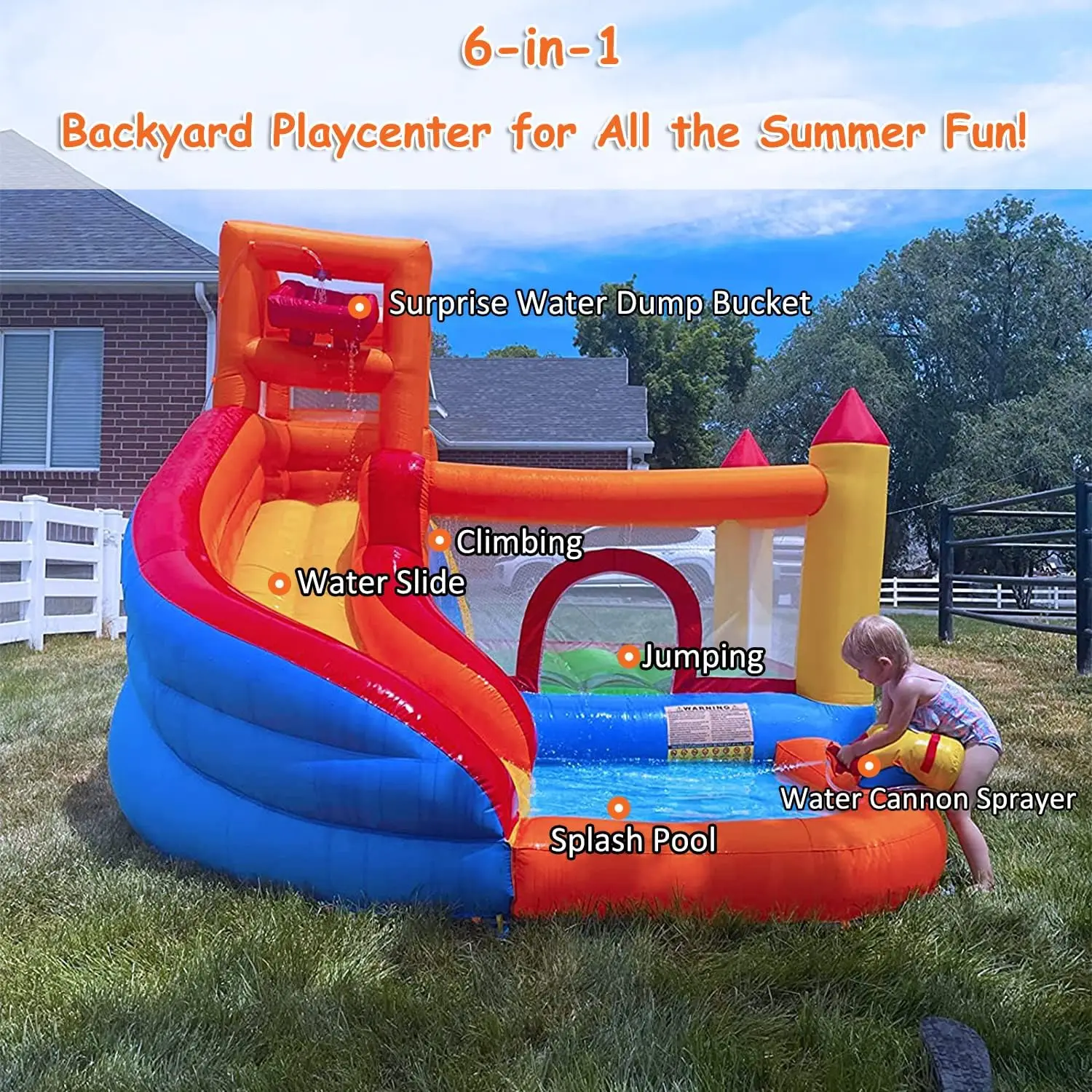 Inflatable Bounce House Water Slide with Blower 5 in 1 Backyard Water Park W/Climbing Wal Splash Pool Jumping Castle Water Slide