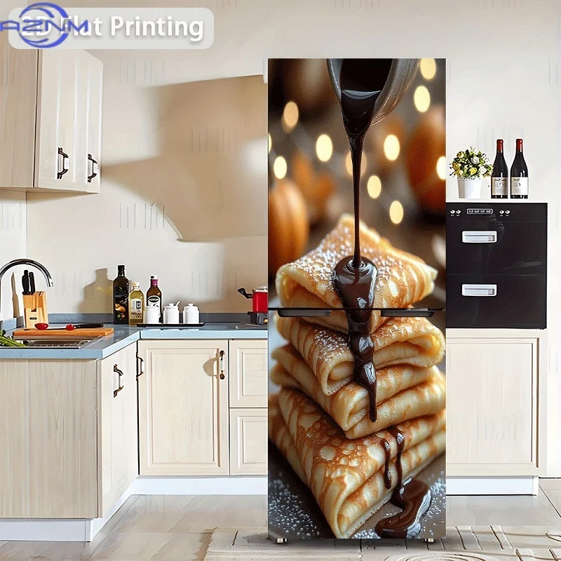 1pc 2D Flat 2D Printed 2D Graphic Design Refrigerator Sticker, , Chocolate Sauce Drizzled on Stacked Pancakes, Self-Adhesive W