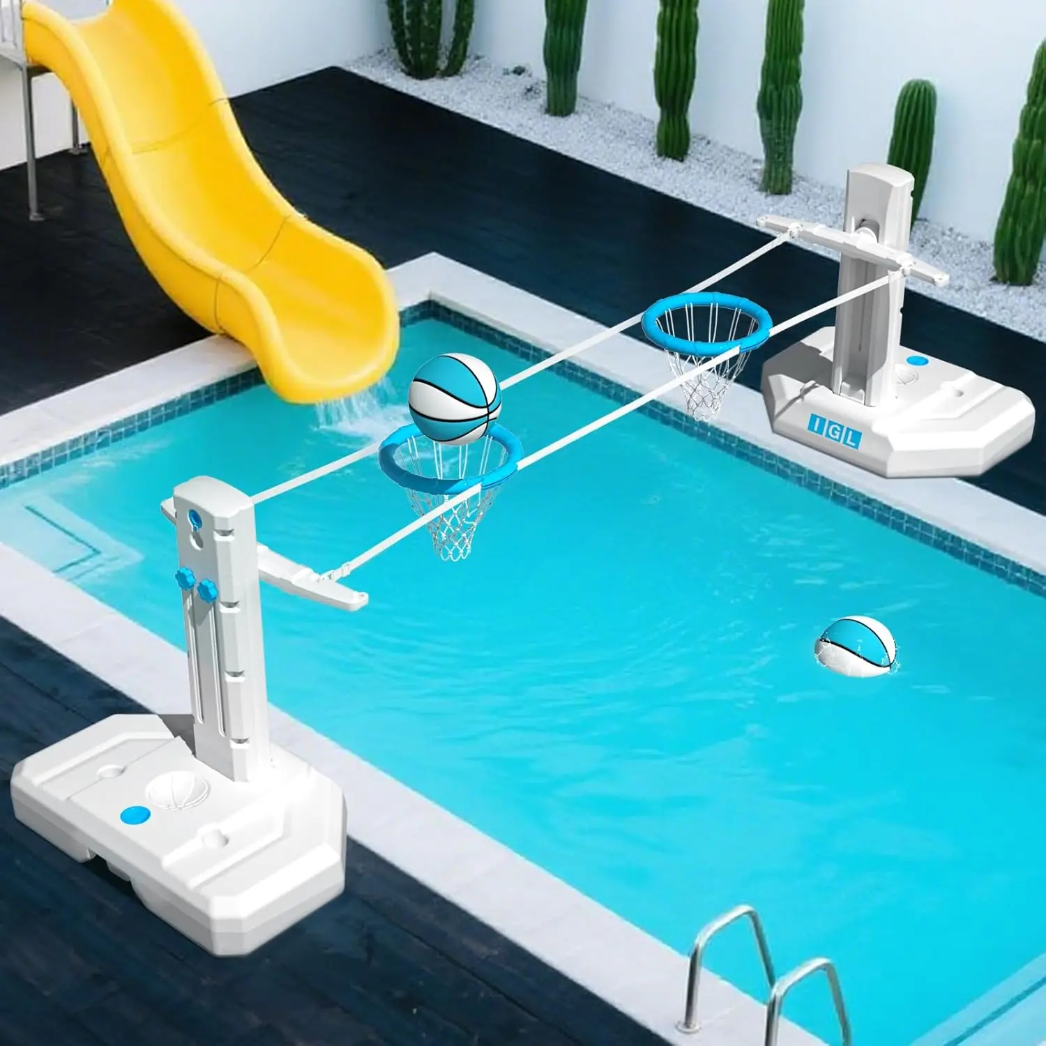 2-in-1 Pool Volleyball Net & Basketball Hoop, Adjustable Height Volleyball Net for Swimming Pools, Poolside Basketball Hoop with Stand and Fillable Base, Comes with 4 Balls and Air Pump
