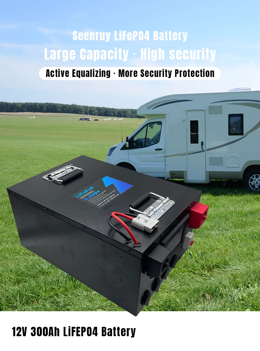 12V 300Ah LiFePO4 Battery with Active Equalizing Bluetooth BMS Large Capacity for RV EV Outdoor Campers with 20A Charger