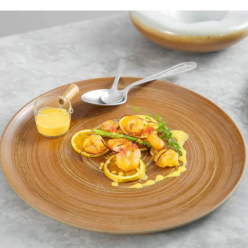 Retro Ceramic Dinner Plate Round Speciality Cutlery Simple Restaurant Striped Pattern Pasta Steak Snack Dessert Tray