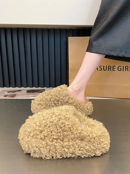 Shoes Woman 2025 Med Slippers Casual Cover Toe Fur Flip Flops Flock Platform Pantofle Luxury Plush Flat New Slides with fur Rubb