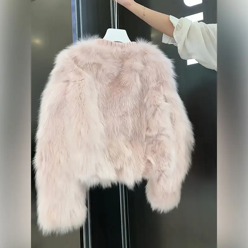 Winter Pink Eco-friendly Coat Faux Fur Women's Short Jacket Fringed Trim Stylish Youthful Design Fluffy Texture Kawaii Sweater