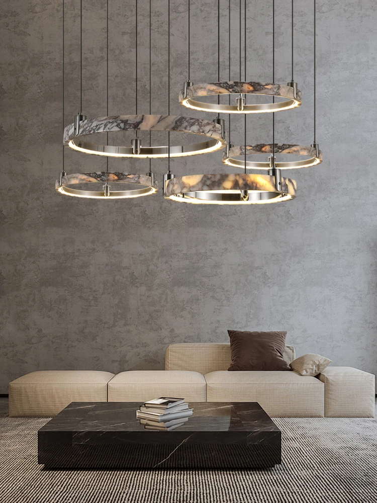 

5-Ring Natural Marble Stone Dimmable LED Chandelier Lighting Alabaster Pendant Light Suspension Luminaire Lampen For Living Room