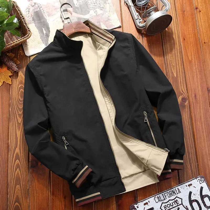 Men's Windbreaker Double-sided Wear Jackets Men Baseball Pilot Bomber Stand Collar Jacket Hip Hop Streetwear Coat Solid Color