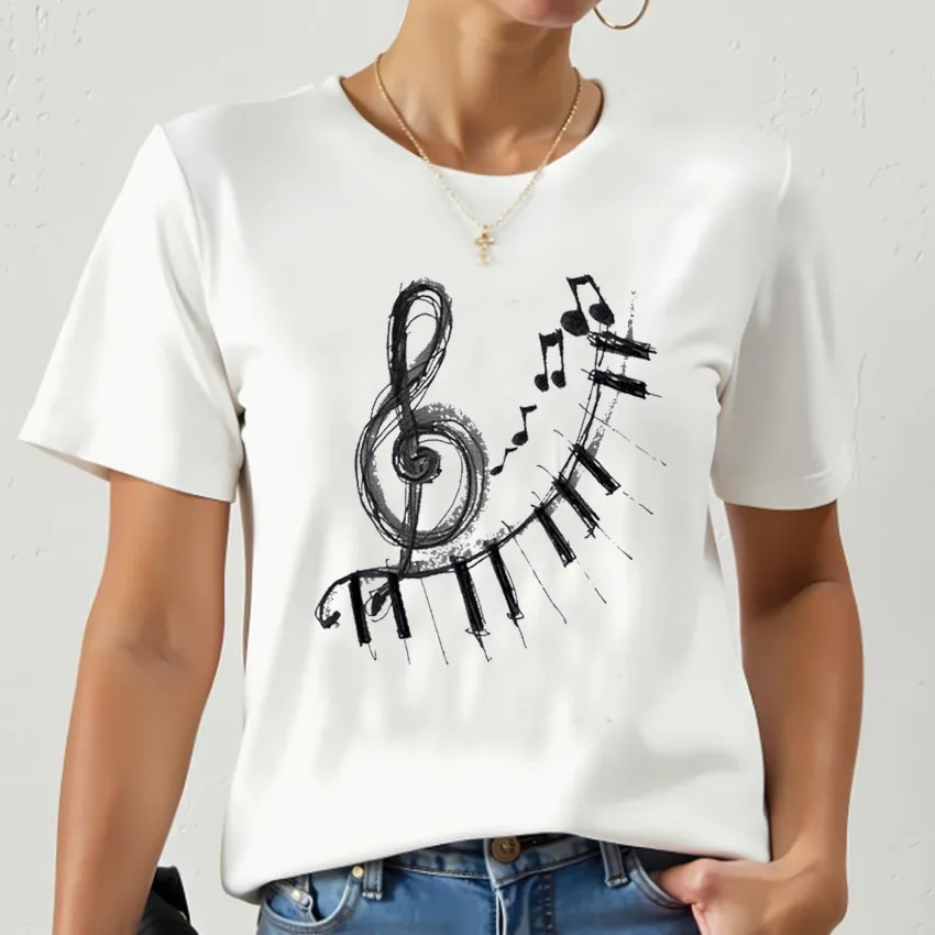 Women Fashion Music Note Print T Shirts Female Ladies Fit Short Sleeve O-neck Tops Casual Daily Streetwear White Basic Tees