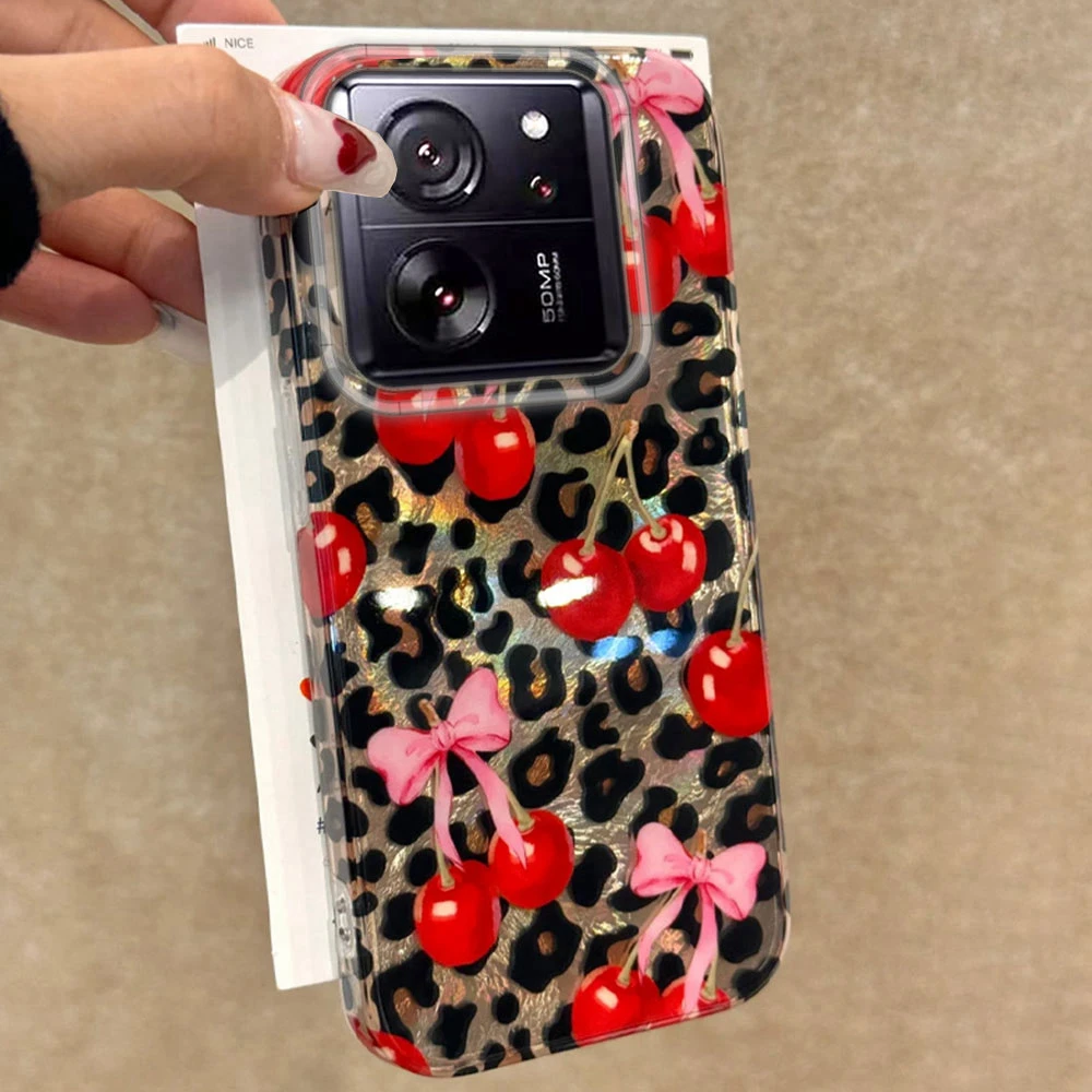 Leopard Rote Kirsche Frauen Mädchen Für Xiaomi Mi 11 Lite NE 13T 14T Pro 5G Poco X5 X6 M6 C75 C71 C65 C61 M5S Telefon Fall Zurück Abdeckung