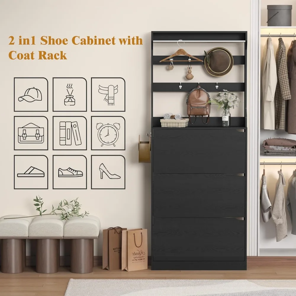 Shoe Cabinet with Coat Rack, Slim Hidden Shoe Storage Cabinet for Entryway,Freestanding Shoes Rack Organizer with 3 Flip Drawers