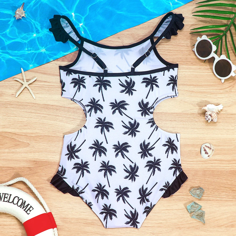 Girls Bikini Swimsuit Ruffles One Piece Swimming Outfits Kids Tropical Printed Bathing Suit