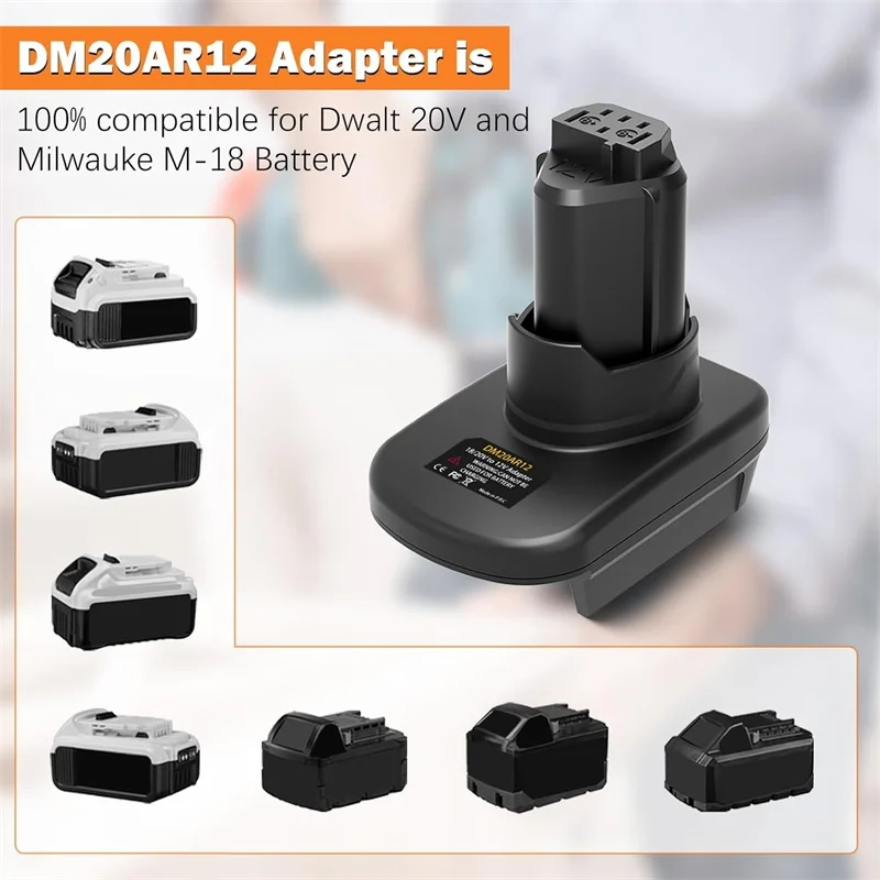 Adattatore per Batteria HAKSINKY DM18AR12 per Batterie al Litio Dewalt/Milwaukee 18V 20V Convertibile per Utensili Elettrici Cordless Ridgid 12V
