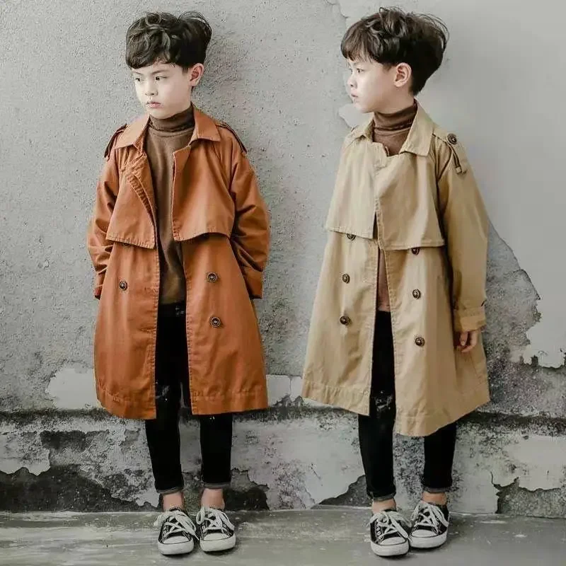 

Boy girl Trench Coat High Quality Long Coat Teenagers Outerwear winter Fall Turn-down Collar Casual Handsome boys Cotton Clothes