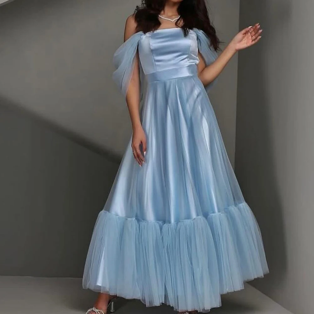 

Off the Shoulder Short Sleeves A-Line Tulle Tea Length Saudi Evening Dresses Solid Color Elegant Pleats Party Gowns Classic