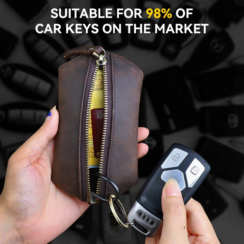 Genuine Leather Key Wallet Men Handmade Car Smart Key Holder Housekeeper Key Case Zipper Key Pocket Keychain Coin Purse Bag