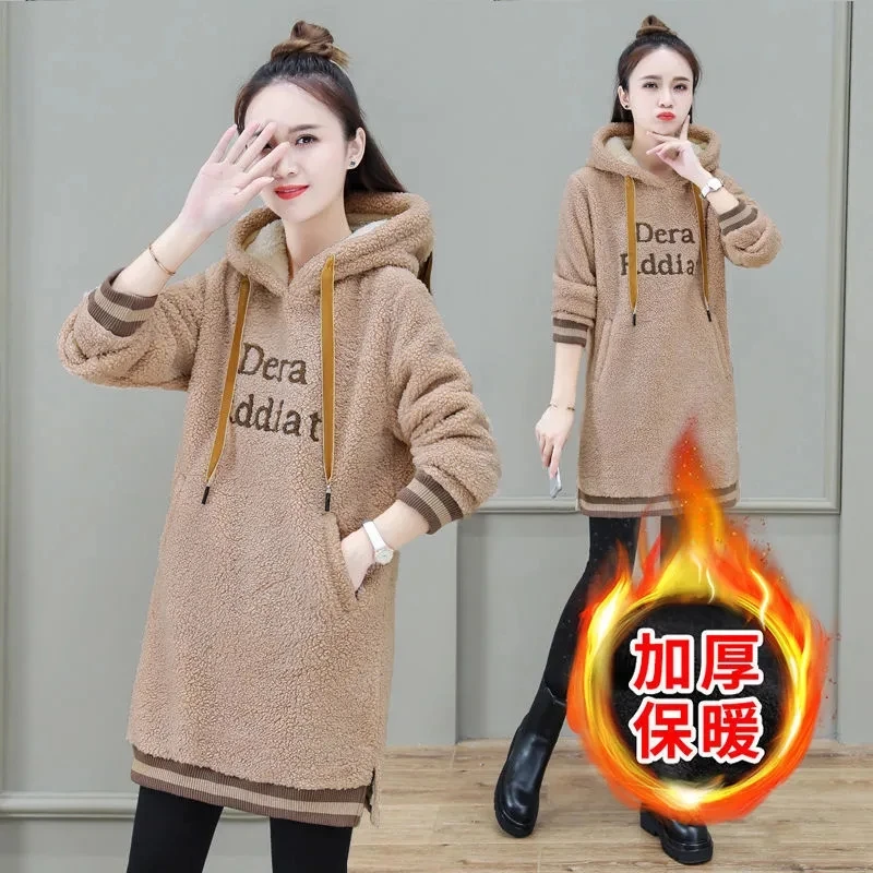 

Hoodie Womens Clothing 2023 New Autumn Winter Plush Thicken Hooded Sweatershirt Long Oversized Embroidered Female Pullover Top