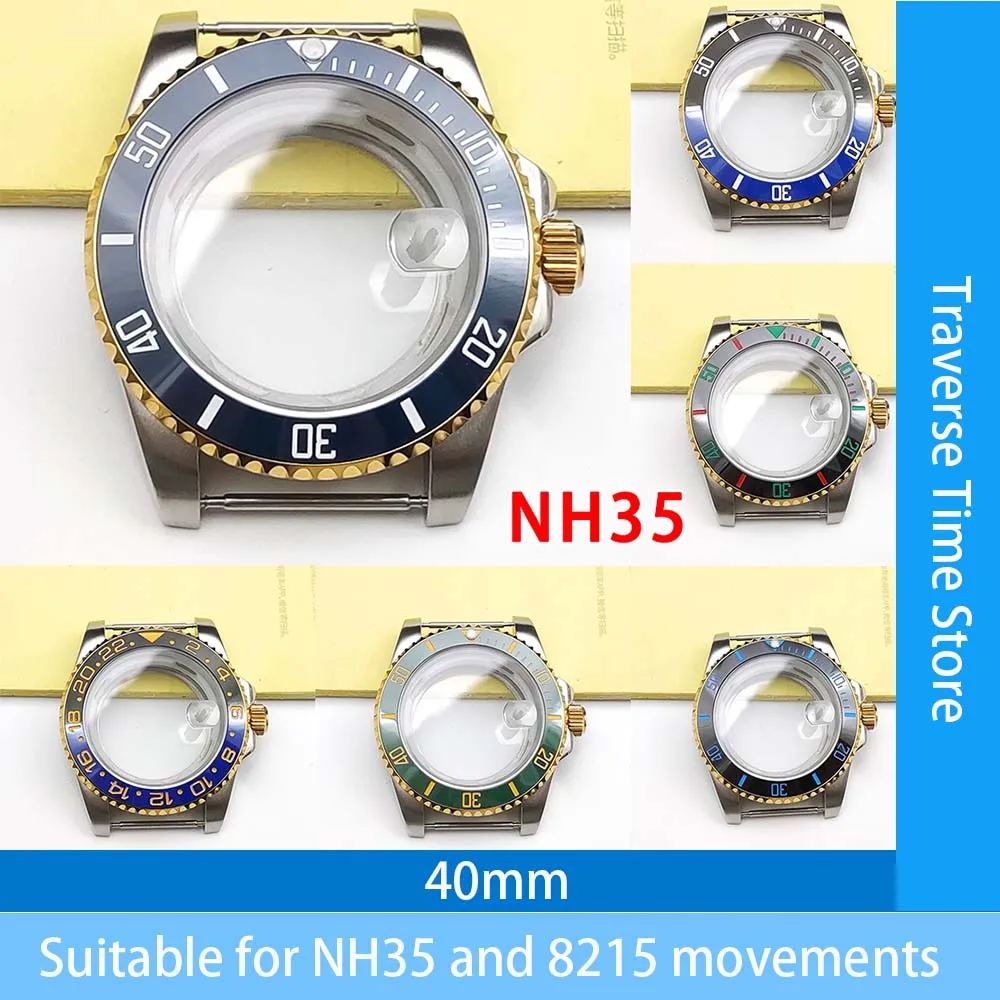 

40 mm men's mechanical case for NH35 and 8215, sapphire crystal, ceramic bezel, transparent caseback, stainless steel case