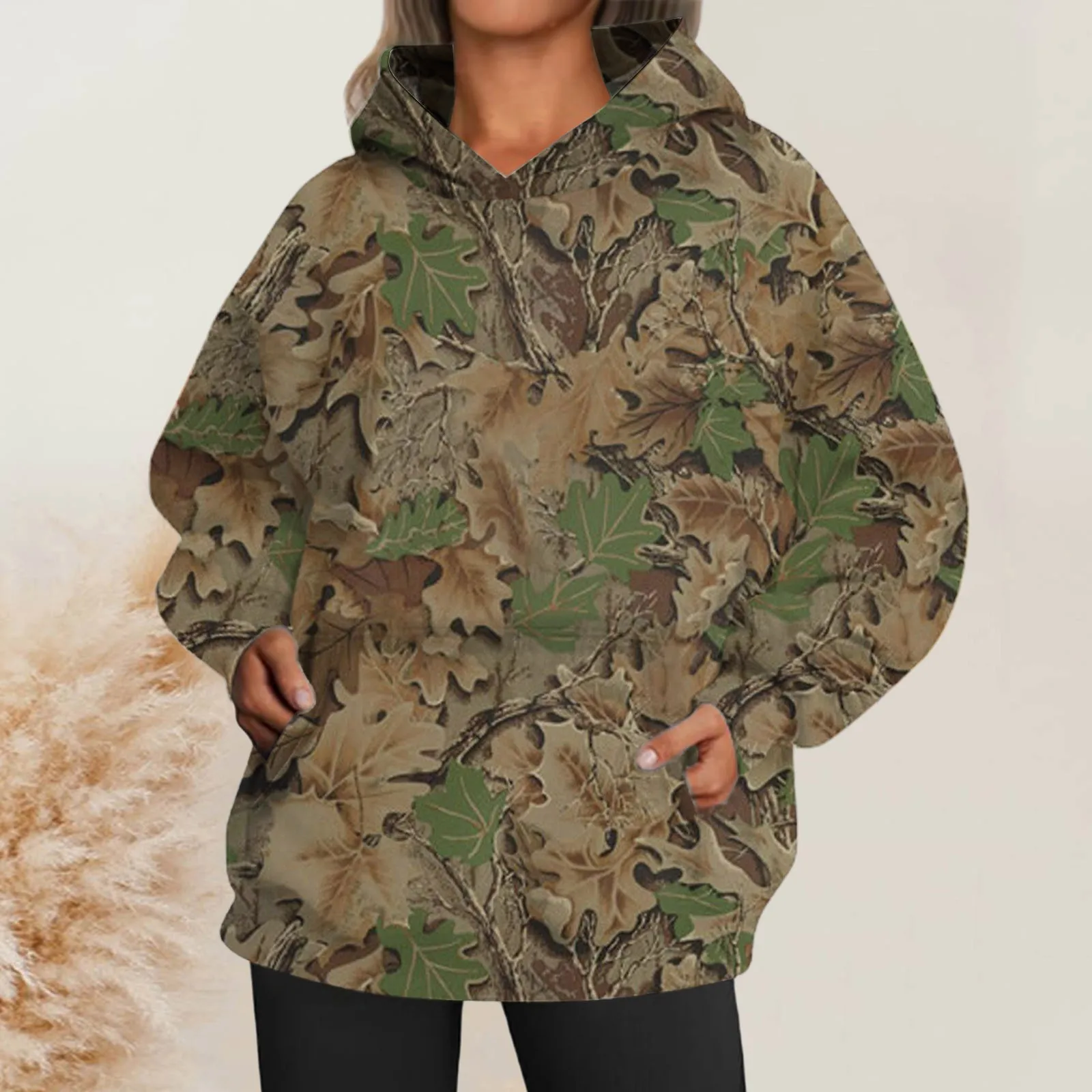 Women\'s Camo Hoodie Maple Leaf Print Oversized Sweatshirt Long Sleeve Hoodies With Dress Jumpsuit Women Women Long Zip Hoodie