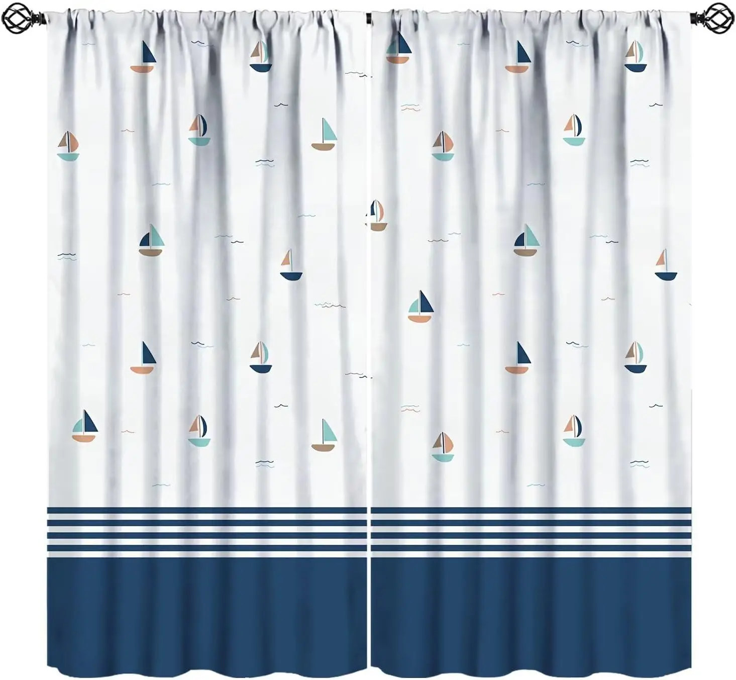 

Nautical Boats Curtains, Summer Coastal Navy Blue White Block Stripes Geometric Ocean Sailboats Rod Pocket Window Drapes for Kit