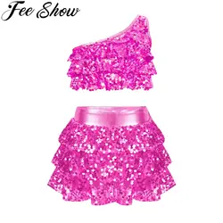 Kids Girls Sequins Jazz Dance Costumes Sleeveless Ballet Gymnastics Crop Top Skirt Set Hip Hop Ballroom Performance Clothes