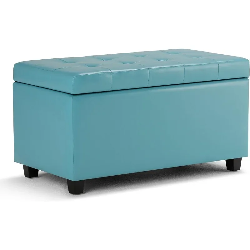 

Cosmopolitan 34 inch Wide Rectangle Lift Top Storage Ottoman in Upholstered Soft Blue Tufted Faux Leather, Footrest Stool