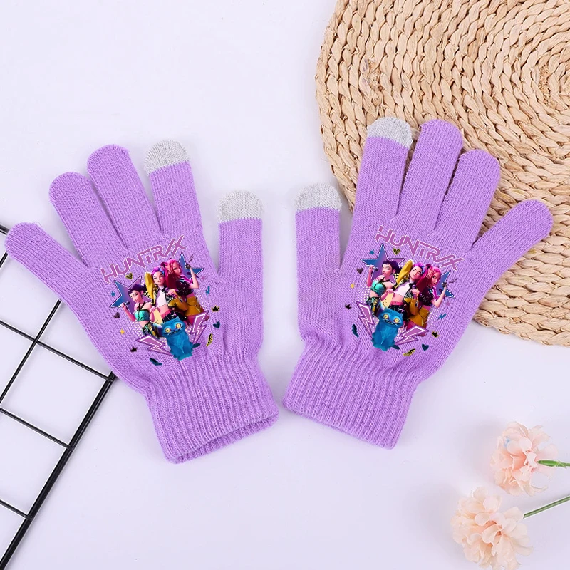 2025 جديد K البوب شيطان هنتر الفتيات قفازات Kawaii الكرتون المطبوعة محبوك قفازات الاطفال الشتاء في الهواء الطلق قفاز دافئ