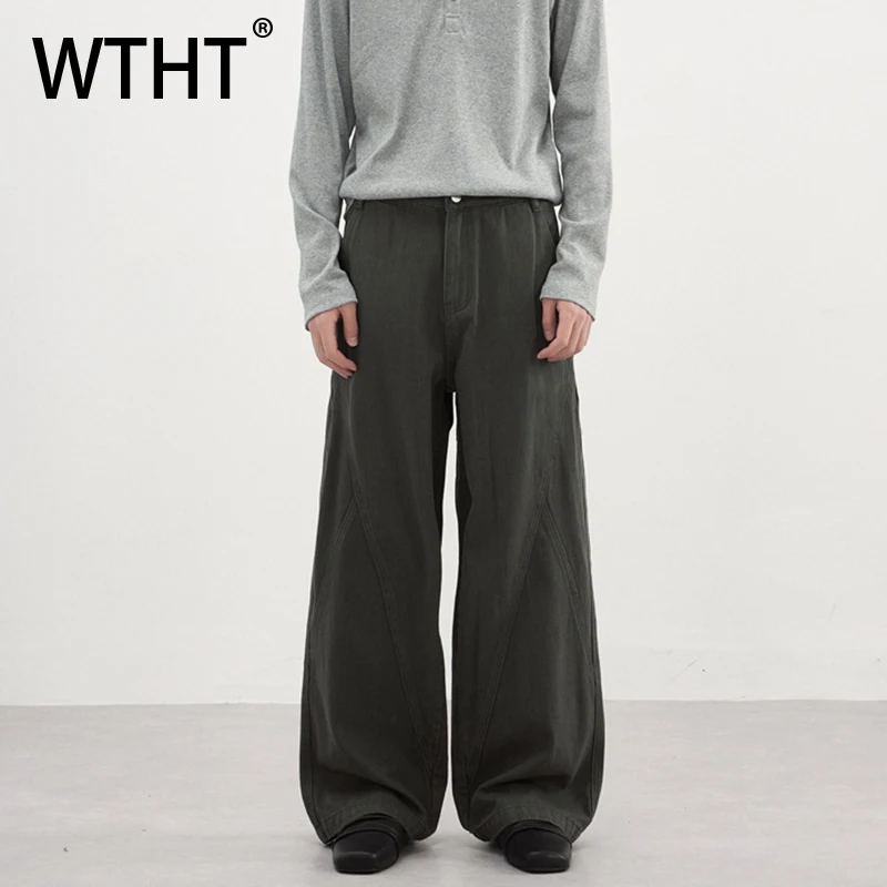 

WTHT модные мужские однотонные прямые свободные брюки со сращиванием, модные зимние брюки с высокой талией в японском стиле 2025 года, мужские 2A2523
