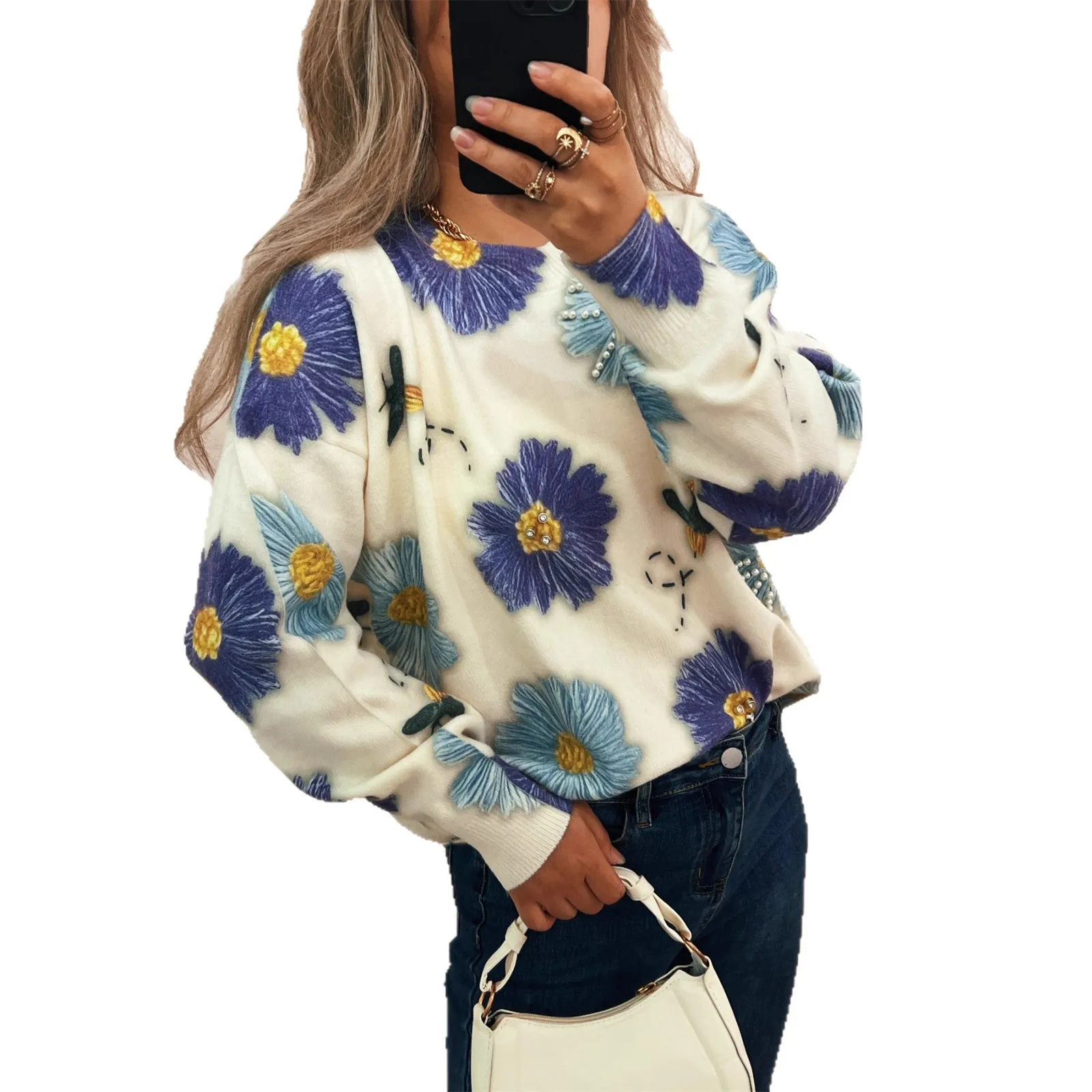 Damski sweter na jesień i zimę 2025, uniwersalny, codzienny, retro, z kwiatowym wzorem, luźny, z długim rękawem, dzianinowy top, sweter do noszenia na co dzień i do pracy.