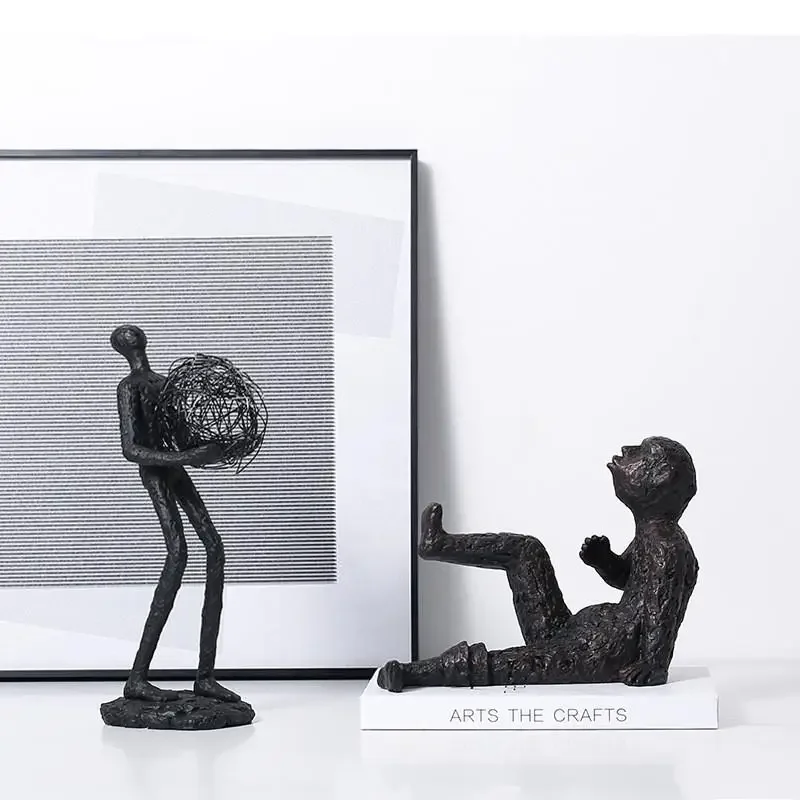 Resin Abstract Black Human Sculpture Living Room Study Decoration Art Ball Man Wire Metal Home Decor Accessories