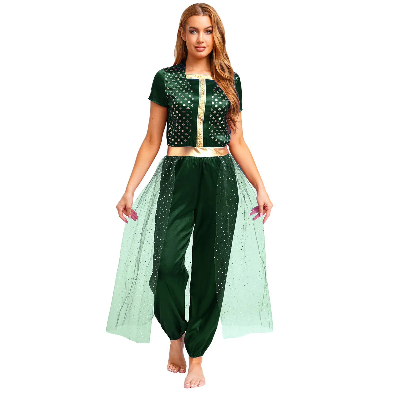 

Women Arabian Princess Cosplay Romper Metallic Shiny Long Pants with Tulle Queen Roleplay Jumpsuit for Halloween Christmas Party