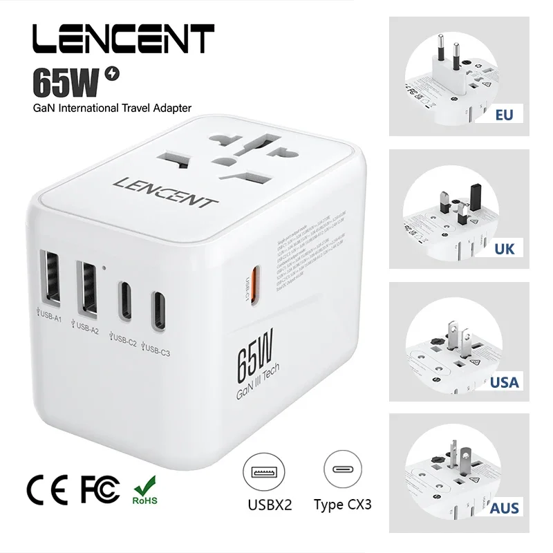 LENCENT 65W GaN Universal Travel Adapter with 2 USB Ports 3 Type C Fast Charging Power Adapter EU/UK/USA/AUS Plug for Travel