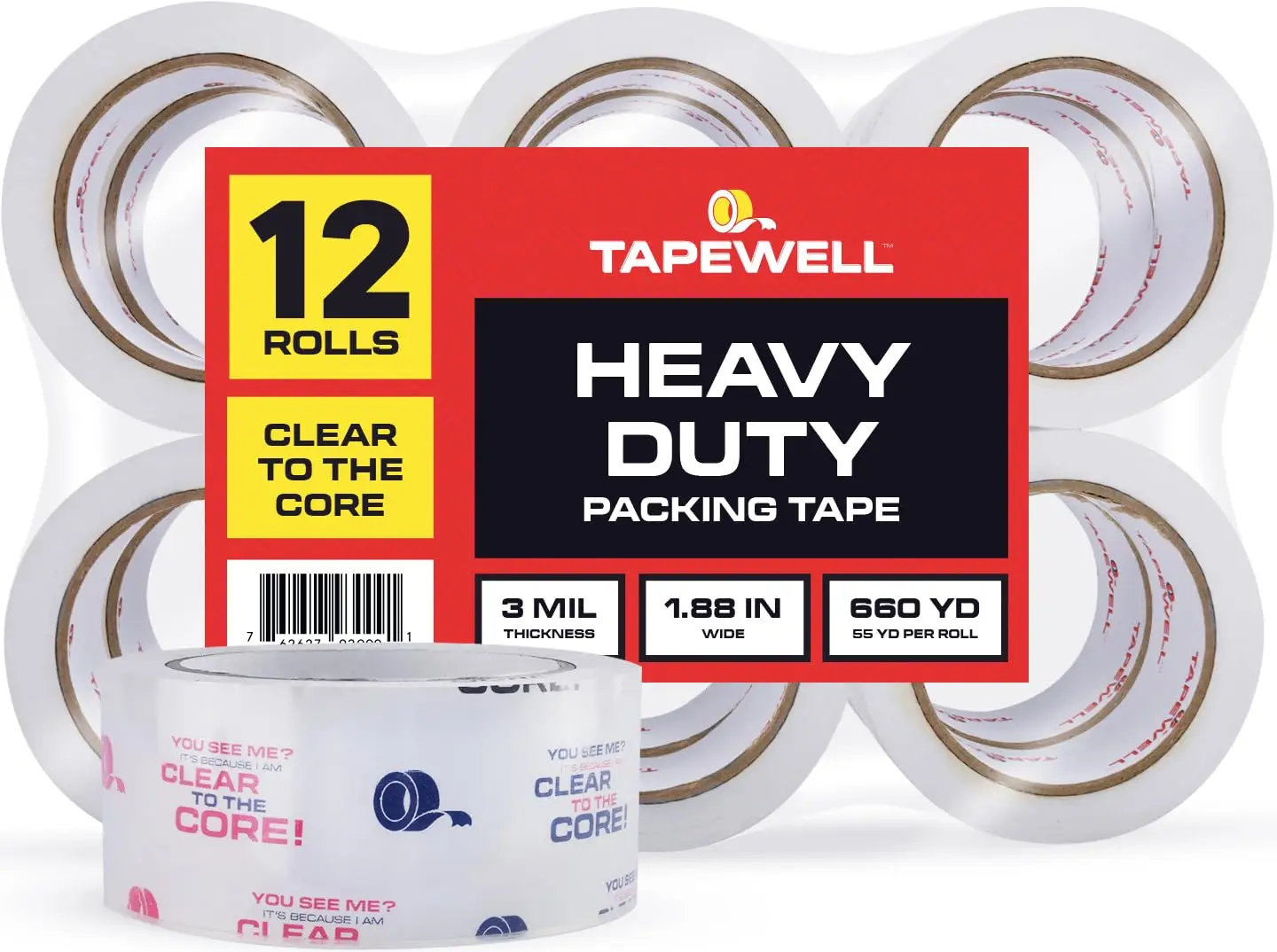 

Heavy Duty Clear Packing Tape Refills for Dispenser, 1.88 in x 54.6 Yd, Shipping Tape with 3'' Core, Pack of 12