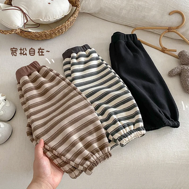 Children's Striped Ankle Pants 2025 New Winter Baby Korean Version Contrasting Thick Sanitary Pants Boys' Winter Pants