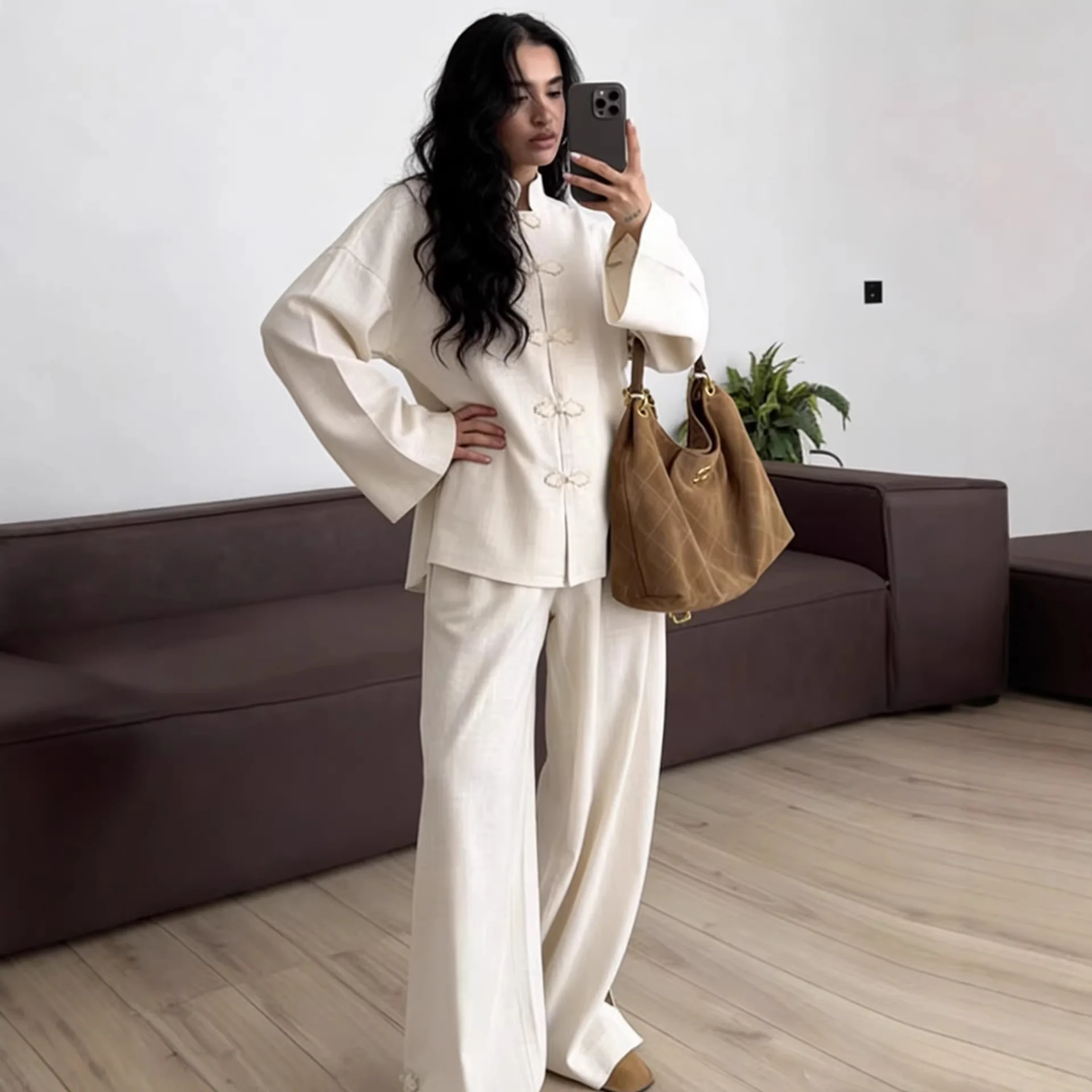 Women Pants 2 Piece Set Stand Neck Frog Button Loose Top Shirt Leg Loose Straight Trouser Suit Lady Spring Chic Casual Sets Suit